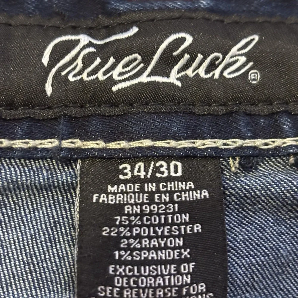 True Luck Jeans Mens 34x30 Dark Distressed Wash Straight Leg Red Stitching Faded